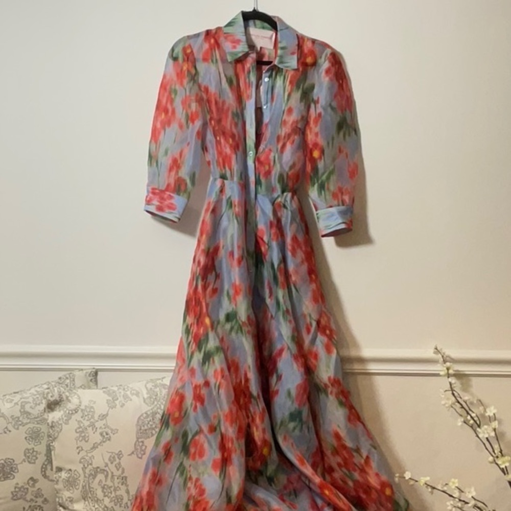Carolina Herrera Red and Gray Buttoned Tiered Maxi Dress